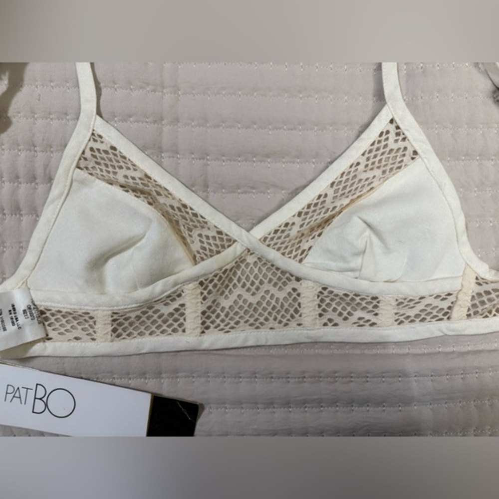 NWT PatBO Linen Blend Bralette Mesh Lined Crop Top in Cream and Tan - 0 - Picture 11 of 16